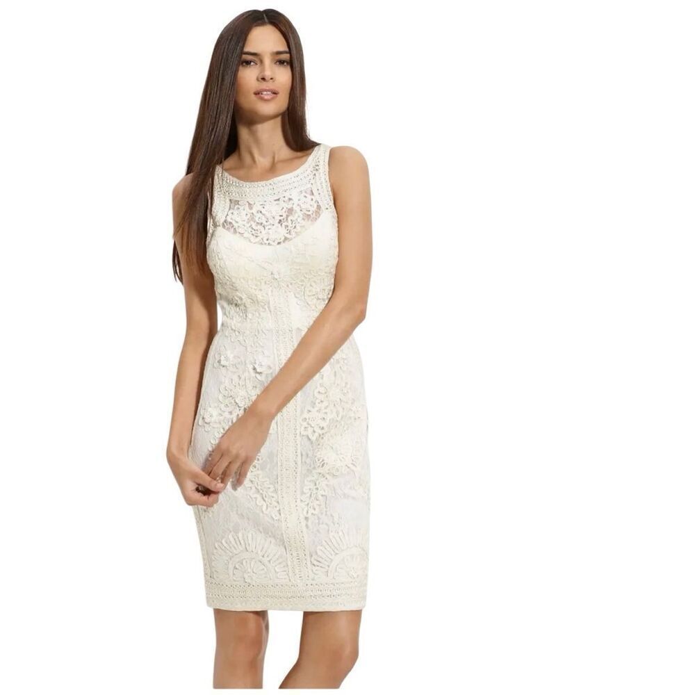 Sue Wong Nocturne Illusion Bodice Lace Sheath Dress 6 White Ivory Wedding‎ Event